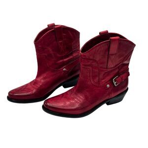 Franco Sarto Red Leather Cowboy Boots Womens 6.5 M Western Buckle Ankle Bootie